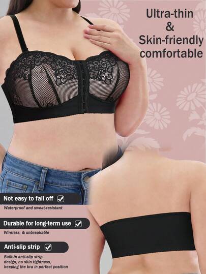 Women's Plus Size Black Lace Front Closure Wireless Push Up Bra - Breathable, Comfortable & Detachable Straps