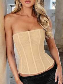 Vintage Sexy Summer Leopard Print Mesh Semi-Sheer Corset Tube Tops Strapless Overbust Lace Up Back Body Shaper For Concert Vacation Outfits - Apricot - View 5