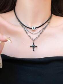1pc Premium Vintage Distressed Cross Necklace Choker Collar Dark Punk Style Clavicle Chain For Women Daily Wear - Black - View 3