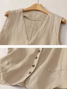 Áo blazer nữ dáng casual không tay, cài một hàng khuy, chất liệu pha lanh, thích hợp cho mùa xuân/hè. - Màu Khaki - Xem 4