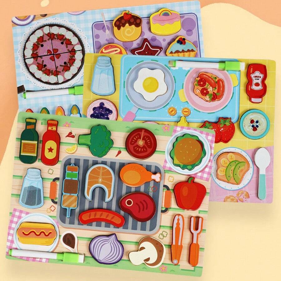 儿童过家家逼真蔬果认知板木制玩具套装，亲子互动游戏 - 彩色 - 查看 1