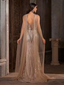 Luxury Champagne Gold Sequin Mermaid Evening Dress With Long Sheer Shawl, Shiny V-Neck Formal Maxi Gown With Back Tie Design Party Wedding - Apricot - View 3