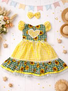 Short-Sleeved Puff-Sleeved Dress For Girls, Luxury Children's Clothing, Versatile, Stylish, Blogger-Worthy, Birthday Gift, Flared With Ruffles, Country, June Festival, Events, Party, Floral Print, Plaid, Premium, Square Dance, São João Set With Bow, Flowers, Lace. - 黃色 - 查看 6