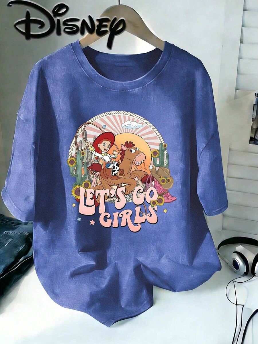 Disney Toy Story Jessie Let's Go Girls Vintage Washed Brown Oversized Cotton T-Shirt, Extra Large Baggy Fit Tee For Women, Jessie Cowgirl Fan Top - Màu xanh lam - Xem 1