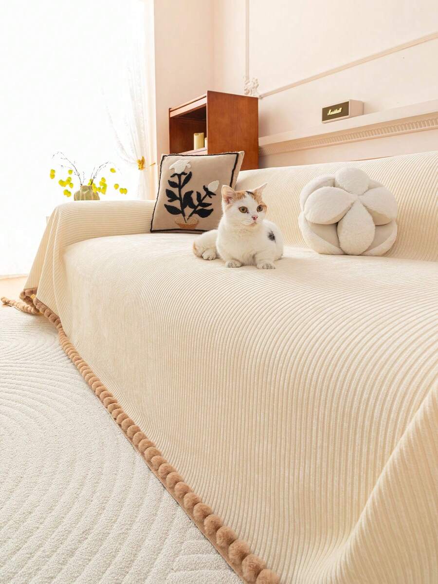 1pc Solid Color Sofa Cover, All-Season Sofa Slipcover, Pet-Friendly Dust-Proof Sofa Protector, Washable Interior Decor, Suitable For L-Shaped Sofa, Single Sofa, Loveseat, 3-Seater Sofa, Corner Sofa (Sold Separately) - Beige - View 1