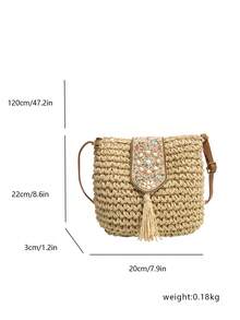 2026 Spring/Summer Fashionable New Straw Bag, Tassel Shoulder/Crossbody Bag, Beach Vacation Bag - Beige - View 3