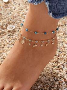 2 piezas/Set Popular Versátil Tobillera de Mariposa con Cuentas de Vidrio y Strass Artificial Brillante para Mujeres, Adecuada para Vacaciones en la Playa - Multicolor - Ver 4