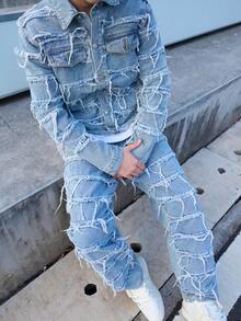 Men's Long Sleeve Distressed Denim Jacket With Fringe Collar, Retro Fashion Slim Fit Denim Top, Emo Style, For Fall - Blue - View 1