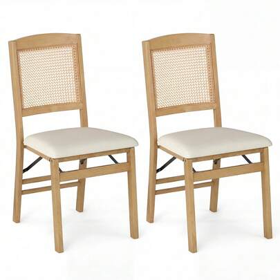  COSTWAY Wooden Folding Chairs Set Of 2, Rustic Rubber Wood Dining Chairs W/ Linen Padded Seat & Rattan Backrest, Upholstered Foldable Chairs For Home Kitchen, Dining Room, Bedroom, No Assembly