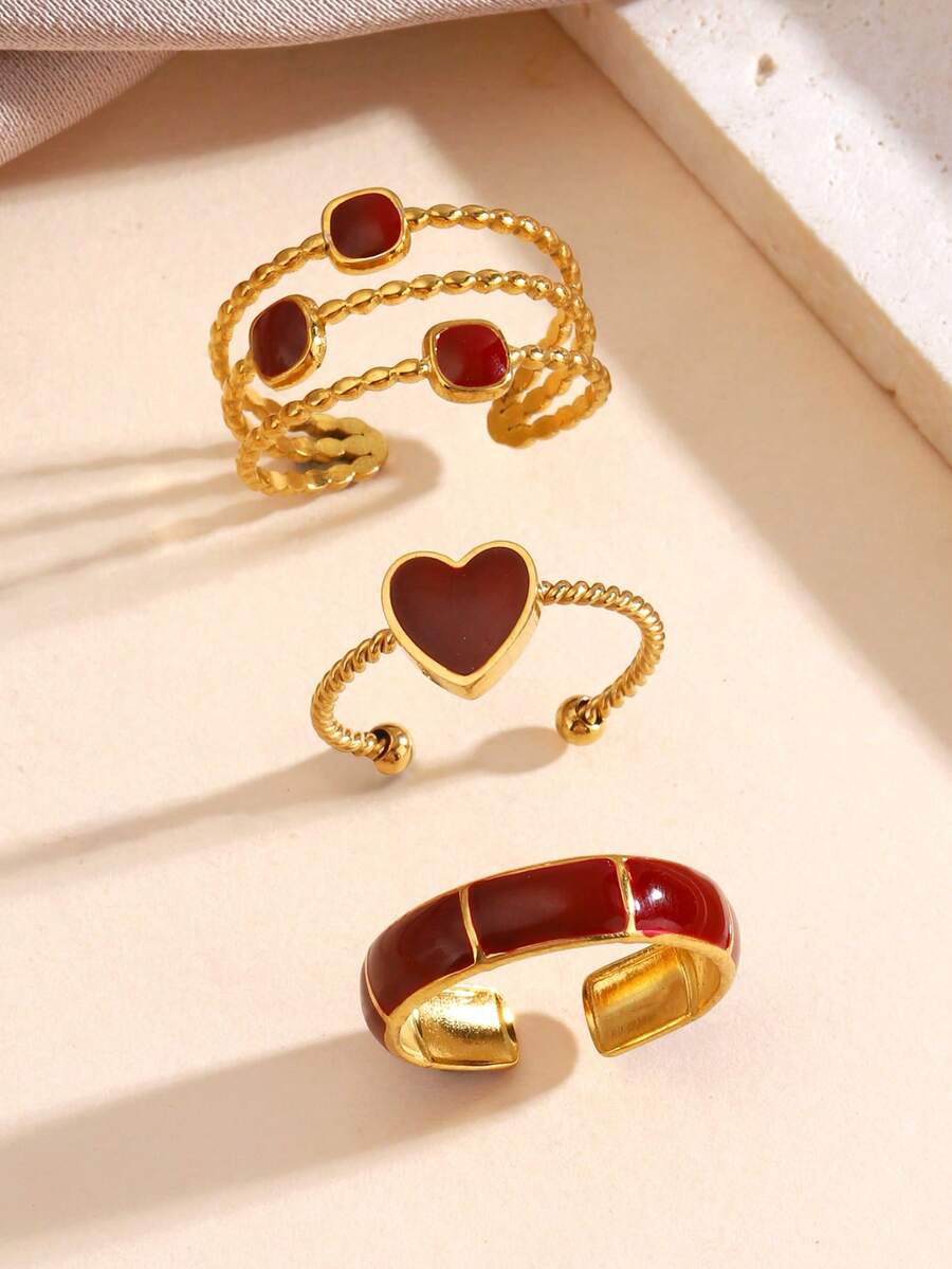 3件組 18K金不鏽鋼珠寶套裝,紅色琺瑯心形、方形與竹子設計戒指,適合女性購物、派對與約會 - 彩色 - 查看 1