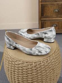 2026 New Women's Black White Gray Gradient Square Toe 3cm Chunky Low Heel Pumps, Ink Texture Slip-On Versatile High Heels - Grey - View 7