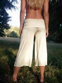 Fold Over Wide Leg Capri Pants For Women Low Rise Lounge Yoga Flare Culottes Y2k Flowy Crop Palazzo Pants Beach - 白色 - 查看 2