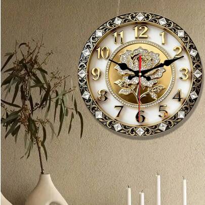2D flach. 1 Stück. Europäischer Stil diamantbesetzter rosenthemiger Holz-Wanduhr, dekorative Uhr ohne Tickgeräusch, kreative Wanduhr, geeignet für Dekoration in Schlafzimmern, Wohnzimmern und Büros, 25/30cm (ohne AA-Batterien), 2D flach