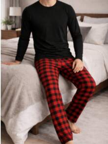 Smara Modas Men's Pajama Set, Suede Long Sleeve And Viscolycra Pants, Spring Light - Red - View 3