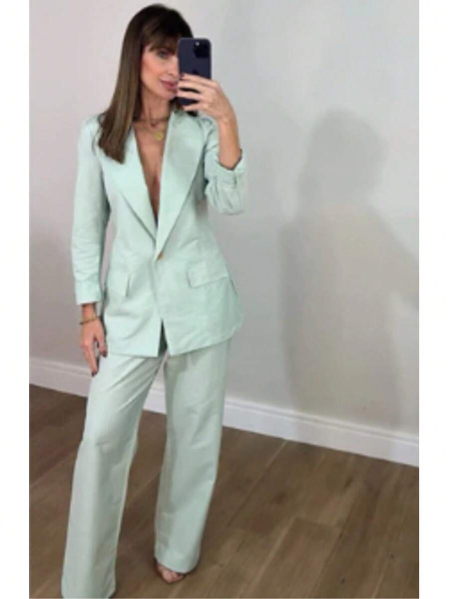 Women's Plus Size Set: Blazer And Wide Leg Pants, Linen Fabric - 淺綠色 - 查看 1