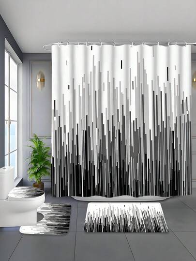 4pcs Black & White Printed Polyester Bathroom Set, Including Waterproof Woven Curtain, Machine Washable, Comes With Hooks And Accessories, Easy Installation - Fashionable Decor For All Seasons