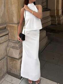 2pcs Elegant French Satin Halter Backless Ladies Set White Summer - 白色 - 查看 6