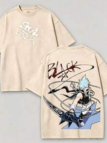 Soul Eater - Black Star Anime Washed T-Shirt, Double-Sided Cotton, Unisex Design, Japanese Manga Merchandise, Men's T-Shirt, Retro Black, Retro Streetwear2026 - 杏色 - 查看 7