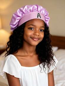 1pc 26 Letters A-Z Children's Sleep Cap, 8-16 Years Old Girls Curling Sleep Hat, Teens Sleep Cap, Satin Sleep Hat - Mauve Purple - View 2