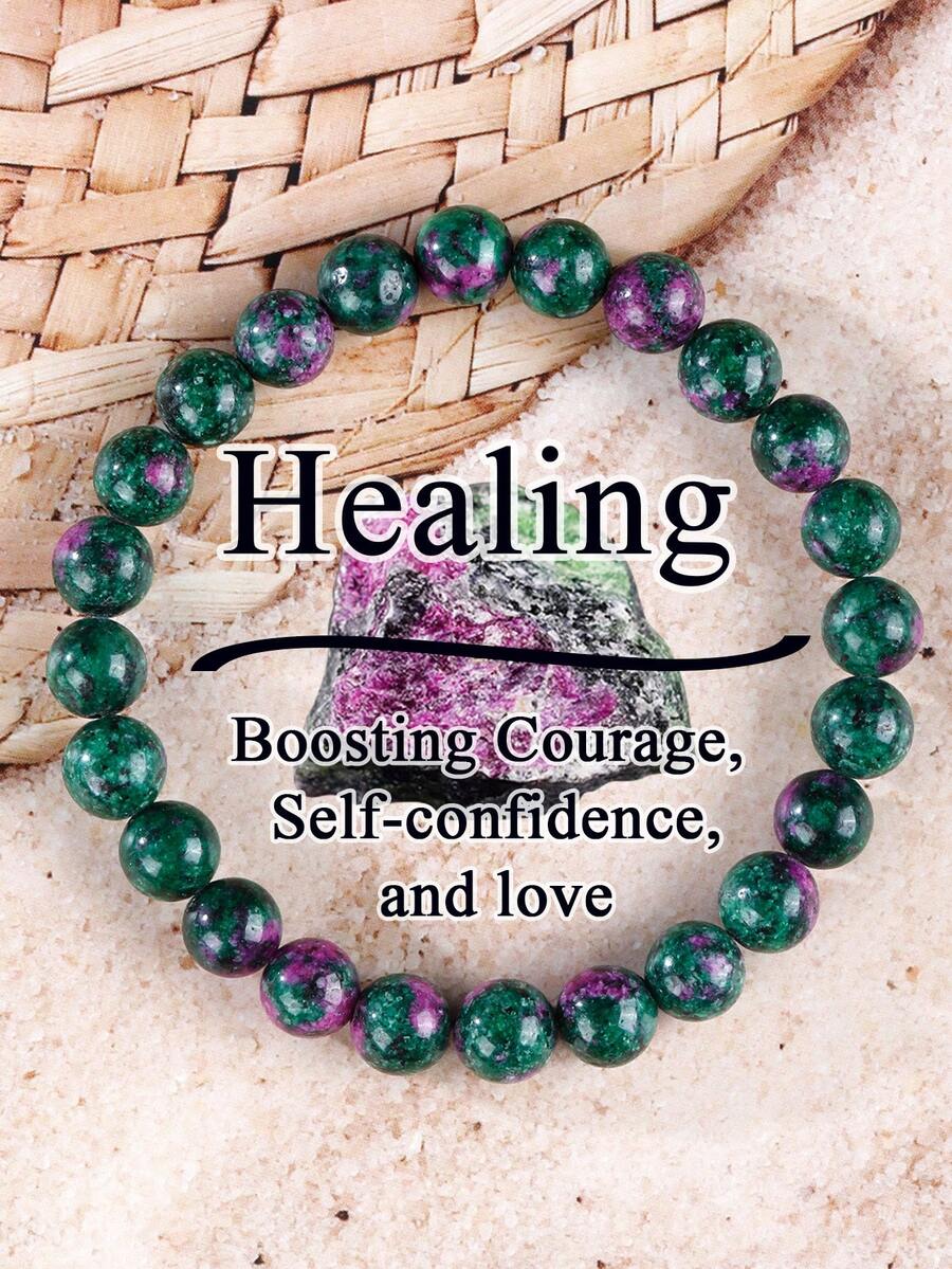 Pulsera de estilo bohemio de rubí y zoisita de 8 mm, pulsera de cuentas de piedras preciosas verdes, cristales de curación del corazón y el alma, protección, elástica, apilable, hecha a mano, joyería para mujeres y hombres - Multicolor - Ver 1
