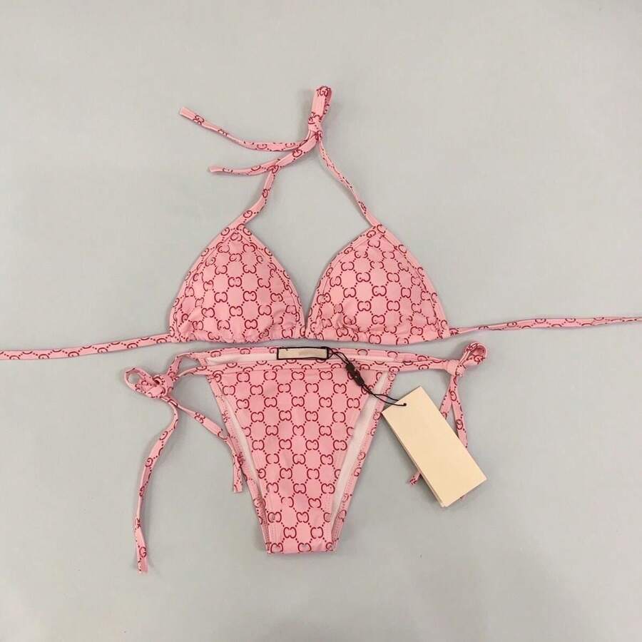 2026 Best-Selling Letter Mesh Print Cute Backless Gathering Slimming Tie Bikini Beach Swimsuit - 粉色 - 查看 1