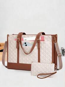 手提包，可拆卸肩带，15.6英寸笔记本电脑包，纯色皮革工作手提包，绗缝男女通用公文包，设计师笔记本电脑包，办公室教师大学简约笔记本电脑包带钱包，专业米色和棕色 - 彩色 - 查看 1