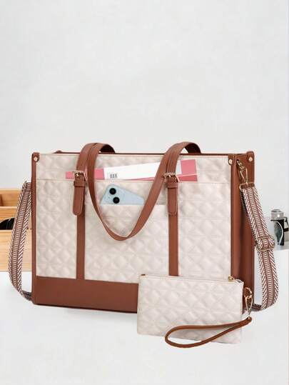 Handheld Tote Bag, Detachable Shoulder Strap, 15.6-Inch Laptop Bag, Plain Leather Work Tote Bag, Quilted Unisex Briefcase, Designer Laptop Bag, Office Teacher University Minimalist Laptop Bag With Wallet, Professional Beige And Brown