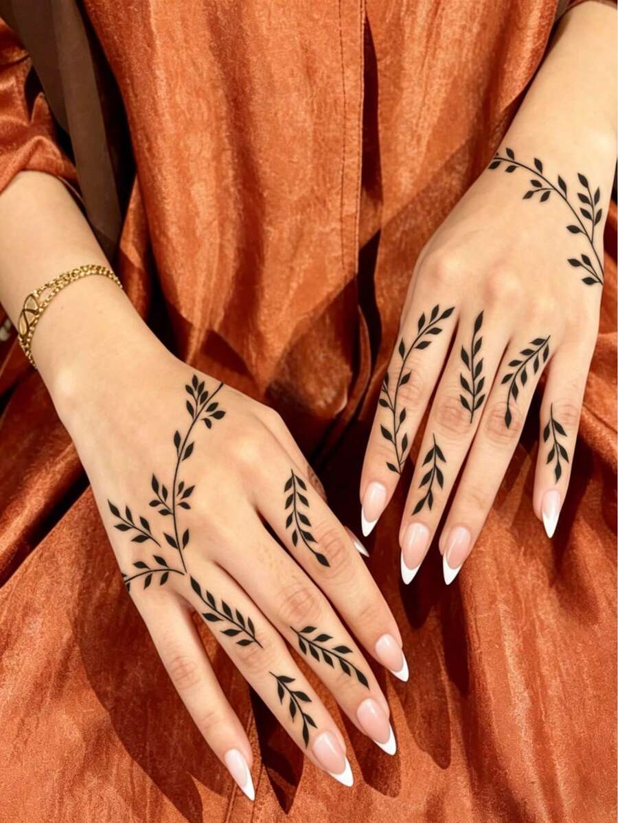 1 hình xăm tạm thời kiểu lá henna, không thấm nước và lâu trôi, hình xăm dây leo tối giản cho ngón tay và bàn tay, thích hợp cho các lễ hội và tiệc tùng, kiểu vẽ phác thảo. - Nhiều màu - Xem 1