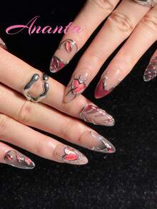 10片手工杏仁形美甲贴纸，惊艳暗黑哥特风Y2K猫眼法式美甲，手绘爱心系列，3D美甲贴花，适合女孩和女性 - 紅色 - 查看 5