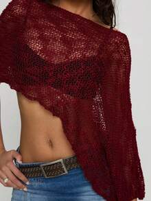Women's Sheer Knit Poncho Top Solid Boat Neck Color Off Shoulder Asymmetrical Cape Crop Blouse Lightweight See Through Loose Cover Up Beach Summer Party Top Casual Beach Vacation Wear - 酒紅色 - 查看 5