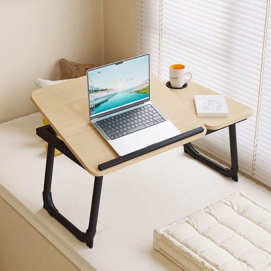 Foldable Adjustable Laptop Desk, 3 Colors Available, Laptop Table, Student Dorm Slouchy Study Desk, Height Adjustable, Foldable, Bed Desk, Computer Desk, 3 Colors, With Cup Holder, Anti-Slip Stopper - Wood Grain White - View 1