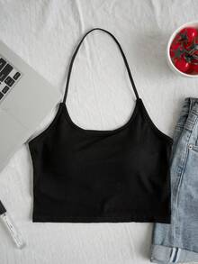 Áo croptop hai dây màu đen gân sọc tối giản gợi cảm, áo camisole không tay ôm sát, phong cách thường ngày. - màu đen - Xem 7