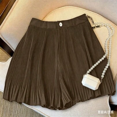 Pantalones cortos/falda plisada de unicolor, de moda, versátil y holgada para mujer, para el verano