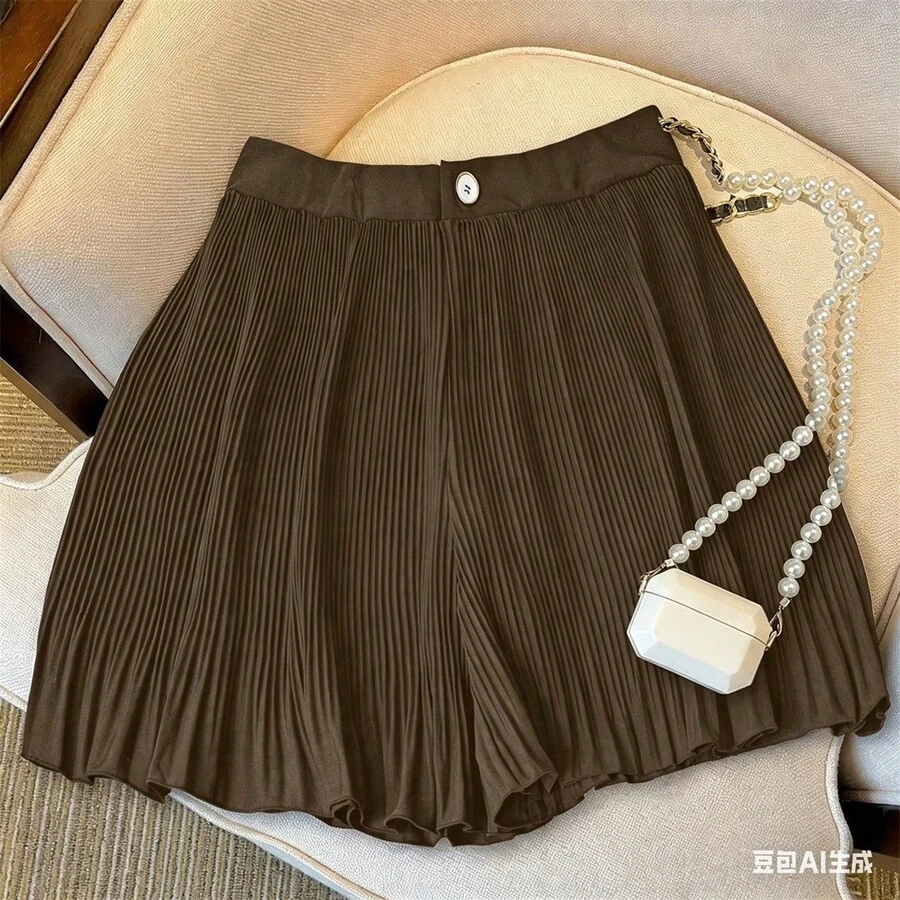 Women's Solid Color Loose New Fashion Versatile Pleated Shorts Skirt Summer - Coffee Brown - View 1