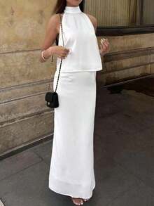2pcs Elegant French Satin Halter Backless Ladies Set White Summer - 白色 - 查看 7