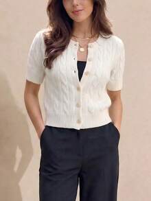 Round Neck Solid Color Twist Knit Single-Breasted Short Sleeve Casual Versatile Cardigan, Suitable For Spring, Summer And Autumn - Cream - View 1