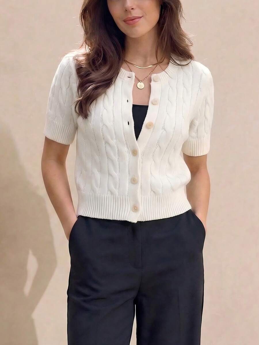Round Neck Solid Color Twist Knit Single-Breasted Short Sleeve Casual Versatile Cardigan, Suitable For Spring, Summer And Autumn - Cream - View 1