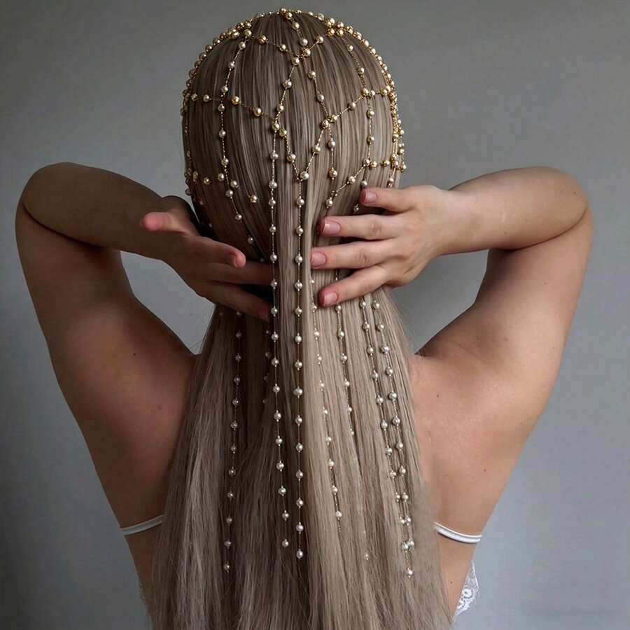 Chaîne de cheveux élégante et brillante en maille ajourée avec un accessoire de cheveux à gland, polyvalente pour les fêtes et le port quotidien, coiffe, couronne de tête, voyage, anniversaire - Doré - Voir 1