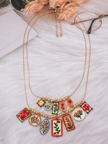 一套夸张几何造型合金彩色印花吊坠多层项链，适合女士通勤佩戴 - 彩色印花吊墜多層項鍊 - 查看 2