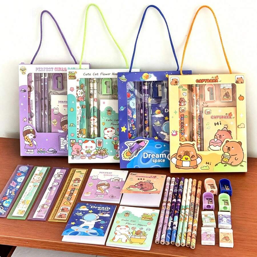 6pcs Student Stationery Gift Set, Portable Writing & Drawing Tools, Smooth Ink Flow, Easy To Erase, Cute Astronaut & Capybara Themed, Including Pencil, Ruler, Notebook, Pencil Sharpener & Eraser, In Rectangular Gift Box, Suitable For Classroom, Office, Back To School, Graduation, Party, Campus, Travel, Also A Great Birthday Gift