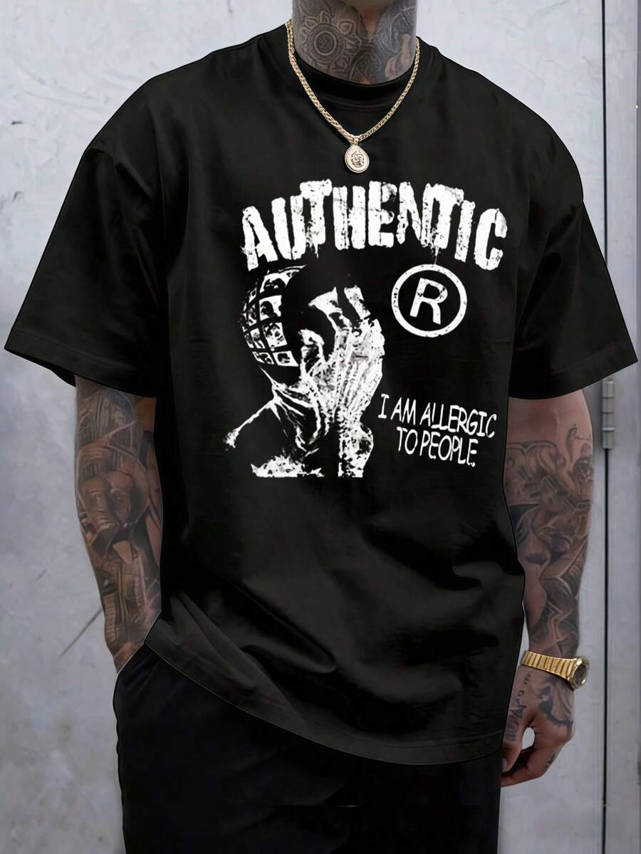 Men's 100% Cotton Graphic T-Shirt Featuring "AUTHENTIC" And "I AM ALLERGIC TO PEOPLE" Slogan Print, Distressed Portrait Illustration Regular Fit Short Sleeve Crew Neck Tee, Standard Size Sarcastic Humor Top, Traditional Silhouette Men's Apparel - 黑色 - 查看 1