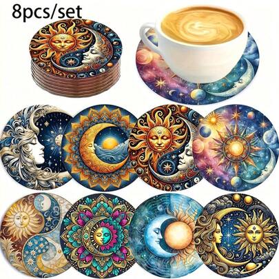"Bộ 8 đế lót ly Mandala Mặt Trời & Mặt Trăng - Đế lót ly bằng gỗ chịu nhiệt dùng cho quầy bar, văn phòng & nhà - Trang trí bàn chống trượt (3,94")"
