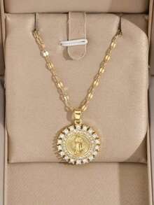 1pc Gold Stainless Steel Chain Plated Gold Cubic Zirconia Round Mary Creative Design Pendant Necklace, Luxury Retro Fashion Minimalist Unisex Necklace For Casual, Party, Holiday Wear (OPP Bag Packaging) - Gold - View 2