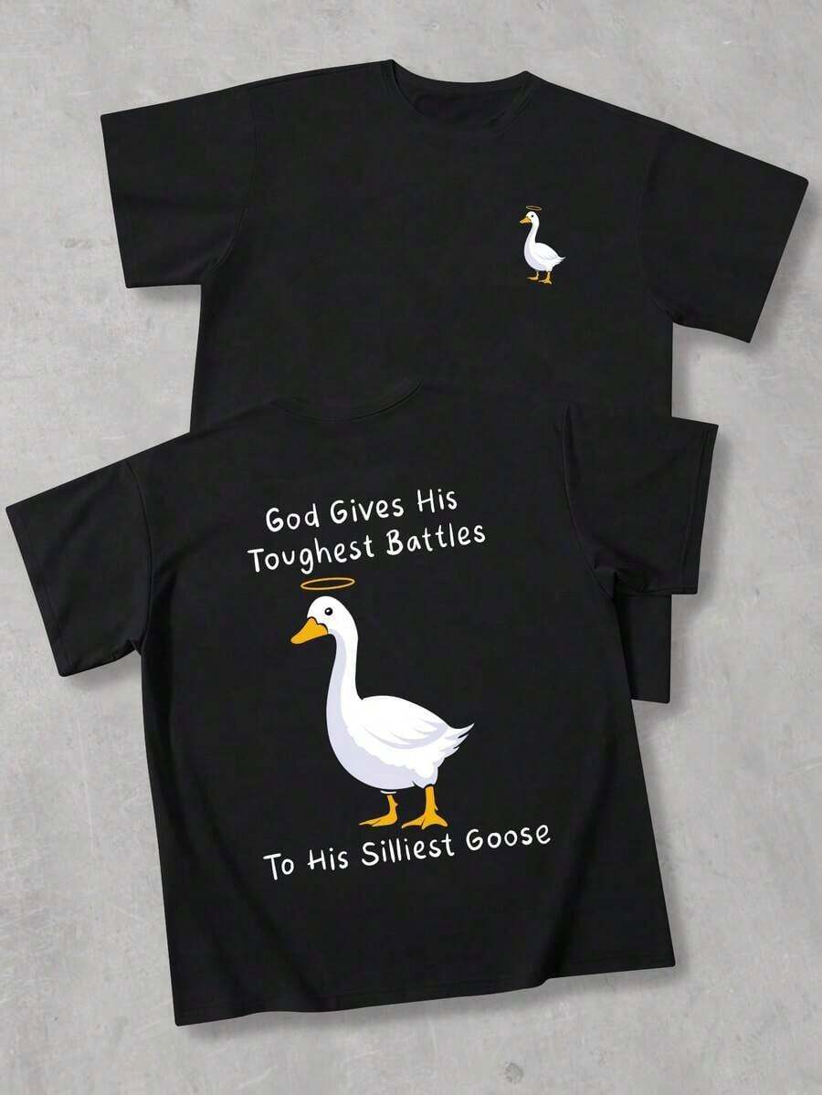 Vintage Men's Simple Duck Letter Print Round Neck Short-Sleeve Summer T-Shirt Summer Tops - 黑色 - 查看 1