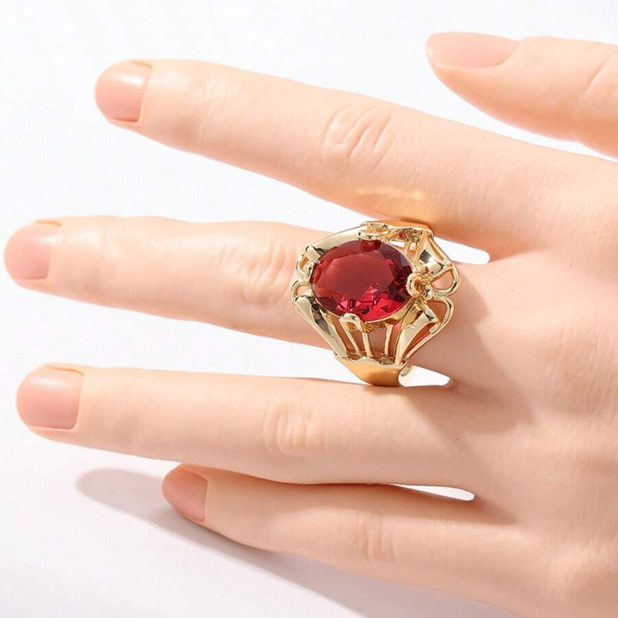 Eleganter Vintage-Ring aus fuchsiafarbenem Zirkonia mit geometrischem Muster, handgefertigt aus Kupfer, ein Schmuckstück für Damen, geeignet für Partys und Treffen, ideales Geschenk für Freunde, Cut-Out - Gold - Übersicht 1
