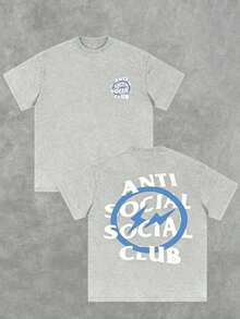 Cotton Double-Sided Printed, Anti Social Club Printed T-Shirt, Suitable For Daily Wear, Casual Summer Wear, Slightly Elastic, Breathable, Outdoor Holiday Sports, Gift T-Shirt, Holiday Gift, Perfect Gift. - Xám 2 - Xem 3