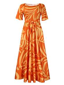 Soleil Women's 2026 New Style Elegant Lace-Up Plus Size Short Sleeve Flared Dress - 橘杏 - 查看 4