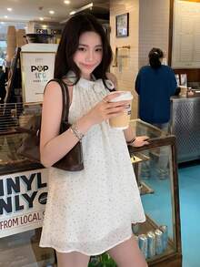 Áo kiểu cổ yếm chấm bi thắt nơ cho nữ, áo không tay thanh lịch kiểu Pháp mùa hè, thiết kế độc đáo màu trắng. - trắng - Xem 6