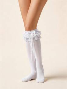 1 đôi tất cao đến đầu gối kiểu Pháp nhiều lớp ren Lolita, tất trắng thắt nơ, tất bắp chân kiểu Nhật JK. - Nhiều màu - Xem 4