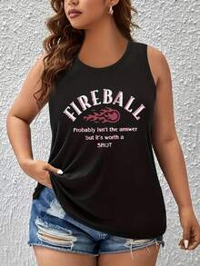 Women'S Plus Size "Fireball" Graphic Tank Top - Casual Crew Neck, Short Sleeve, Lightweight & Stretchy, All-Season Wear, Casual Attire|Playful Print|Stretchy Fabric - 黑色 - 查看 1
